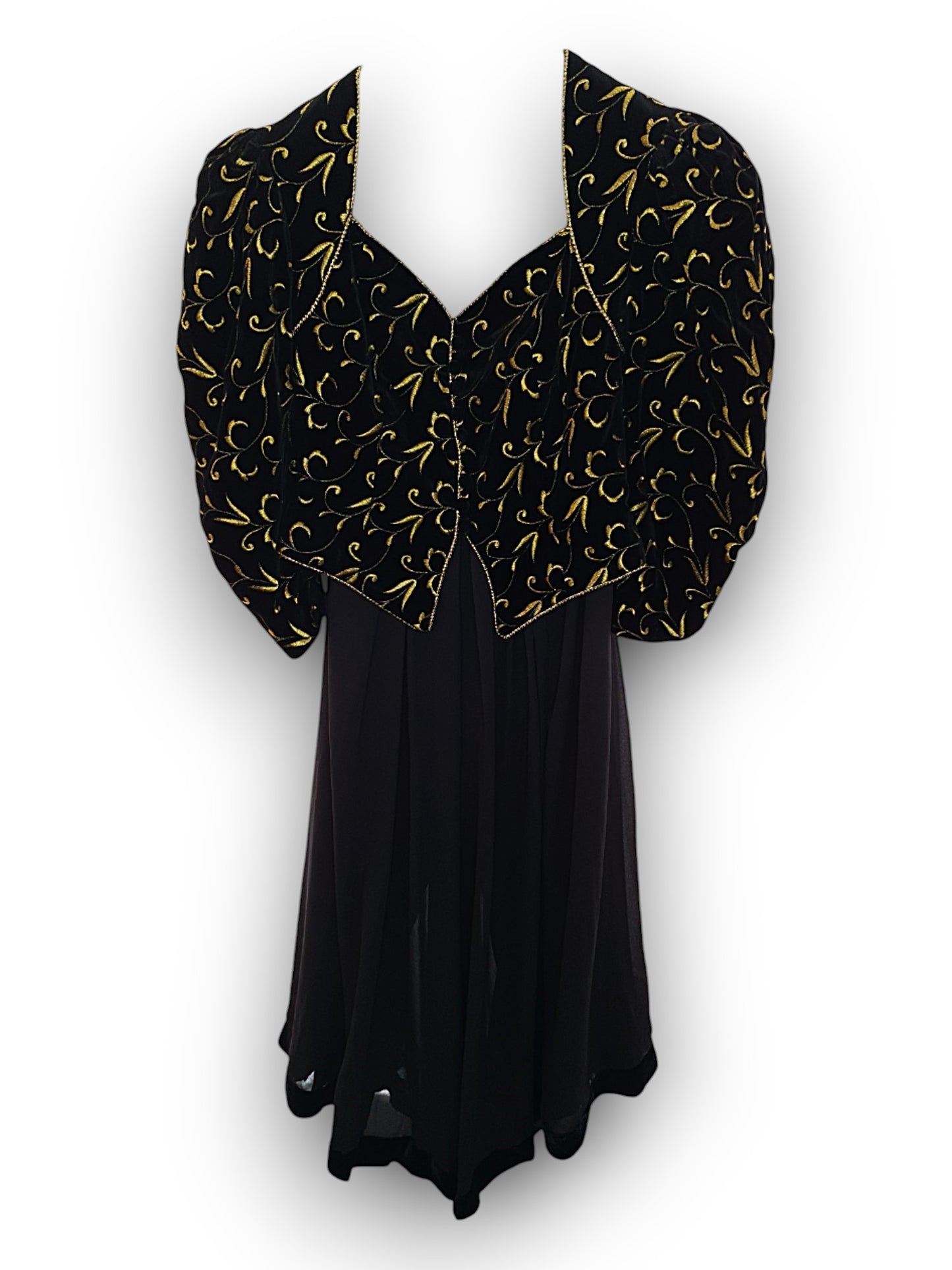 Evening Life Made by Schreck Black Velvet 2-Piece Jacket & Trousers with Gold Pattern
