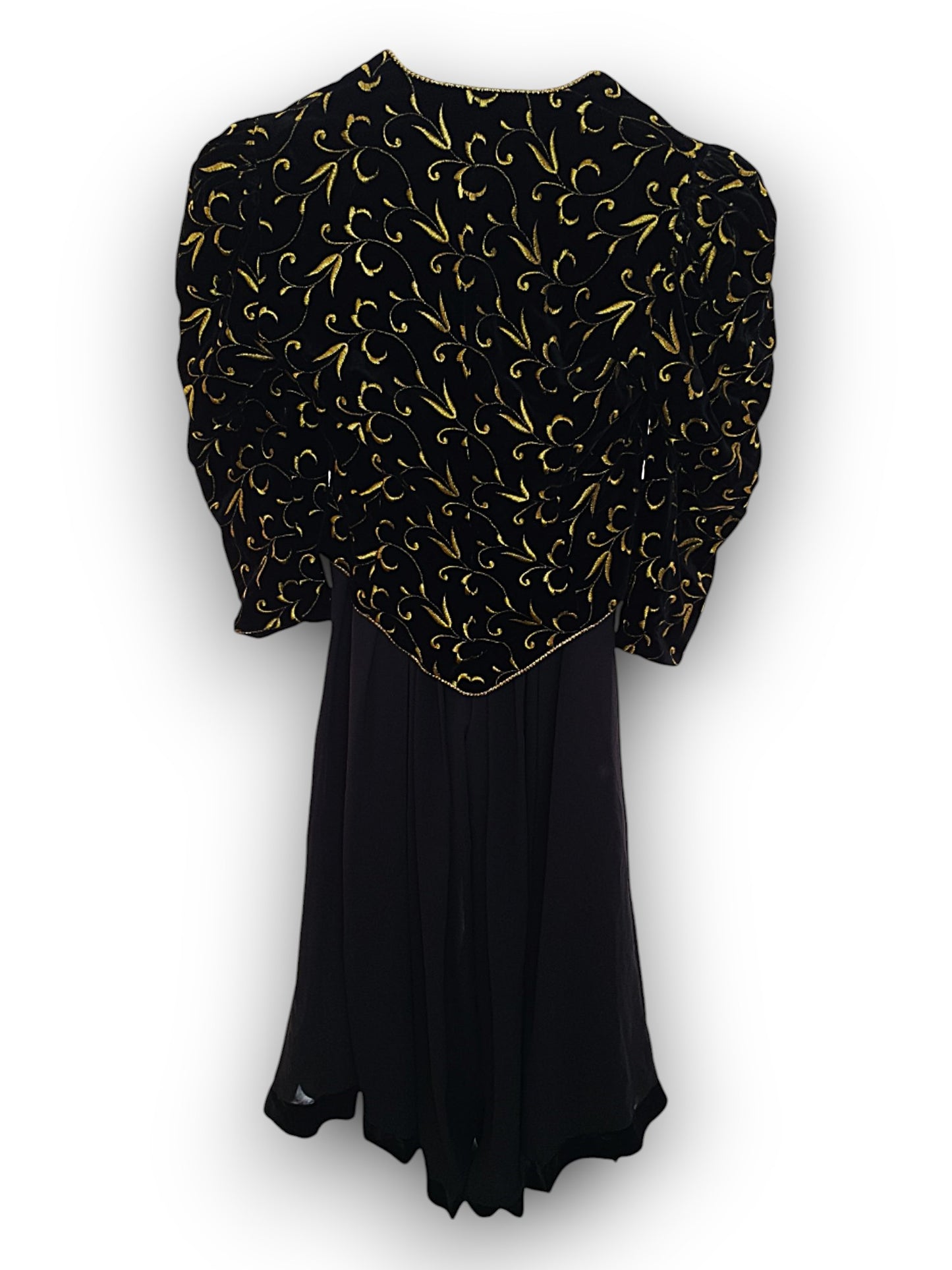 Evening Life Made by Schreck Black Velvet 2-Piece Jacket & Trousers with Gold Pattern