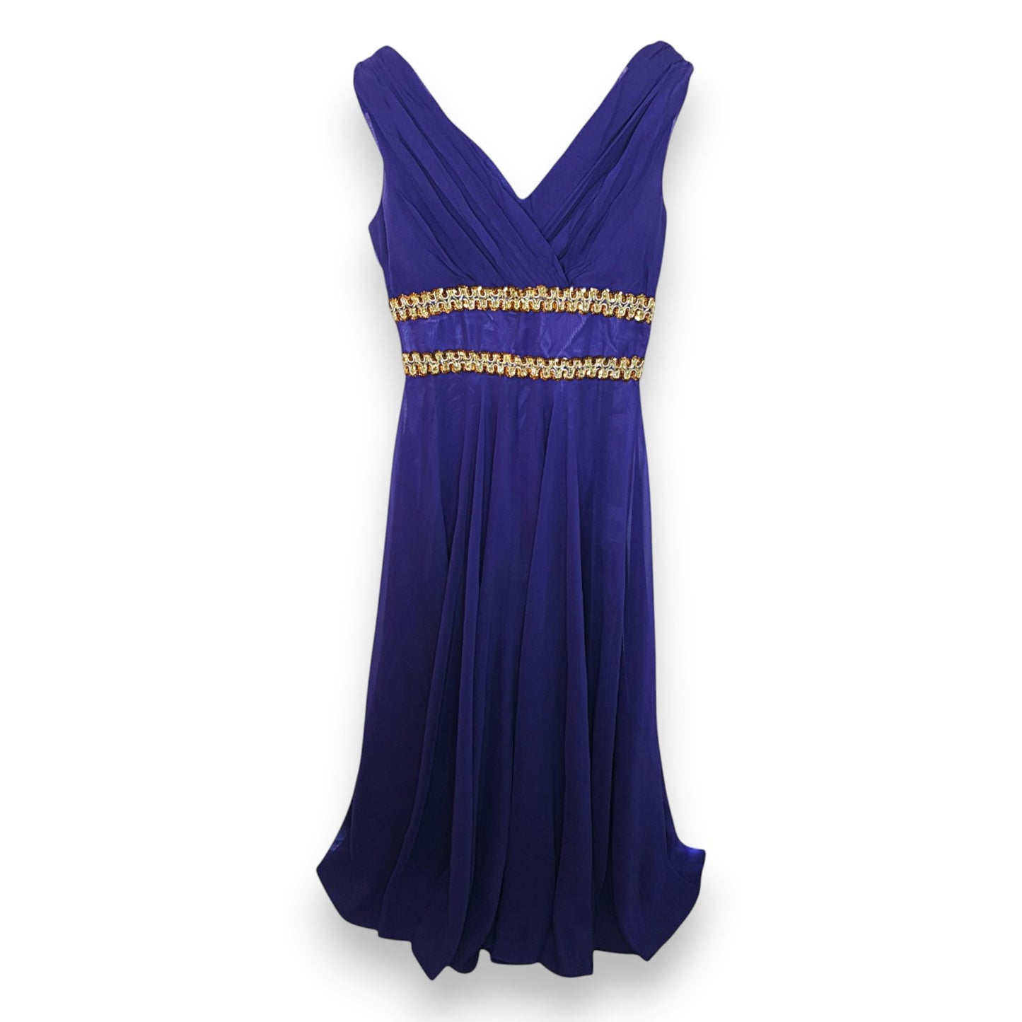 Robe violette After Six de Ronald Joyce avec taille à paillettes dorées