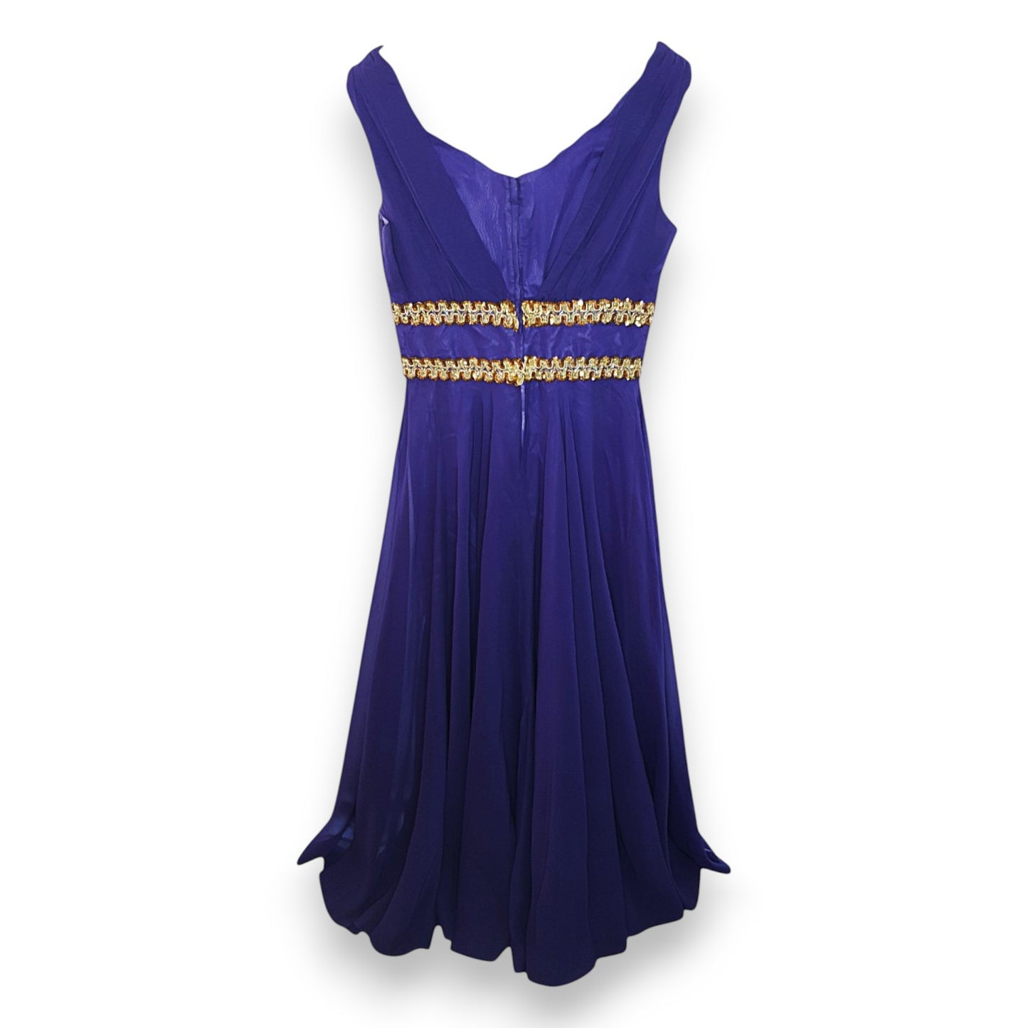 Robe violette After Six de Ronald Joyce avec taille à paillettes dorées