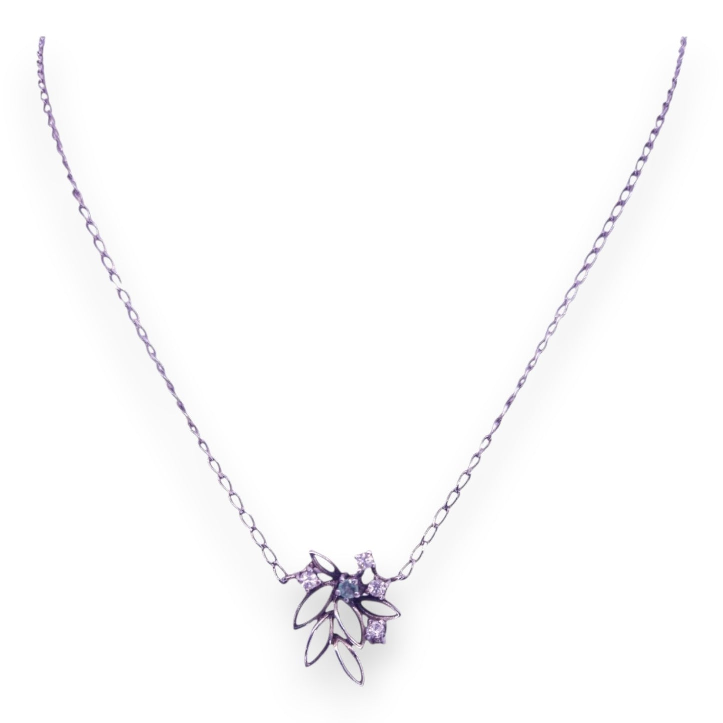Sterling Silver Green & Clear Cubic Zirconia Nature Inspired Necklace