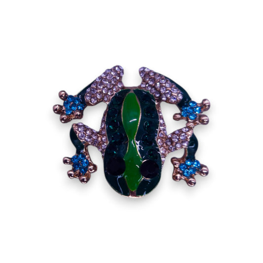 Gold Tone Green, Blue & Clear Cubic Zirconia Enamelled Nature Inspired Frog Brooch