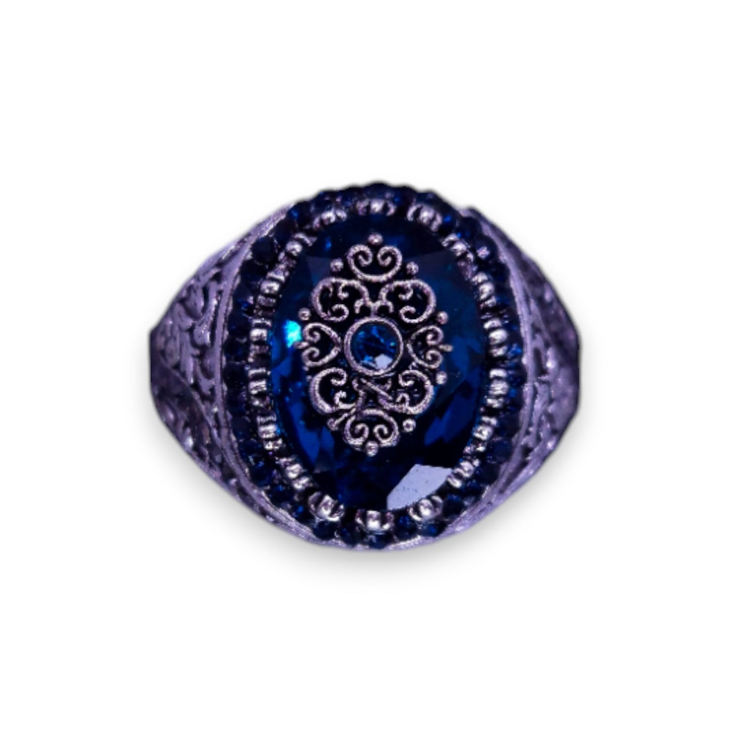 Silver Tone Blue & Black Stones Vintage Ring