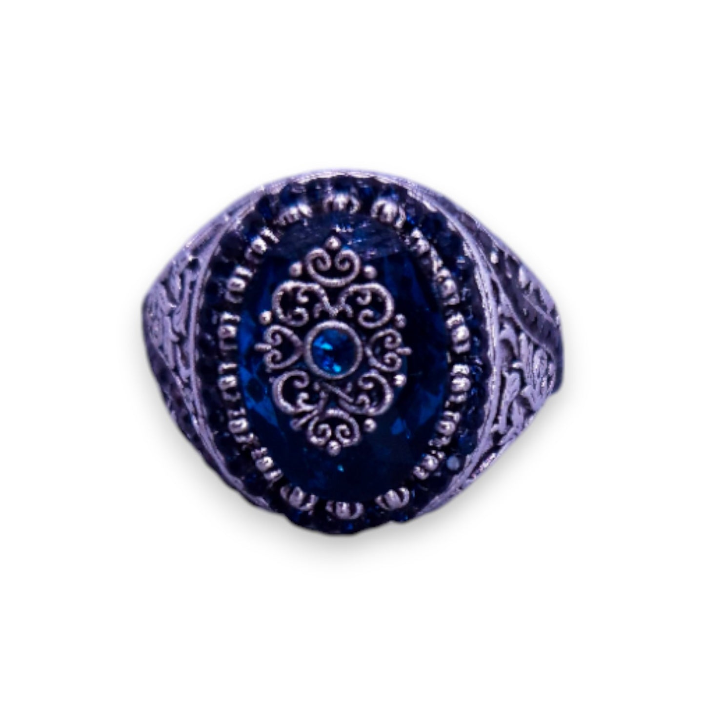Silver Tone Blue & Black Stones Vintage Ring