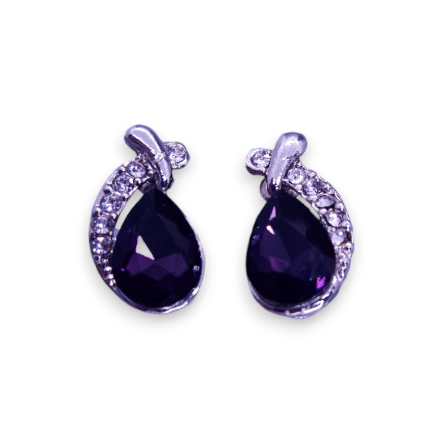 Silver Tone Purple & Clear Cubic Zirconia Classic Necklace & Earrings