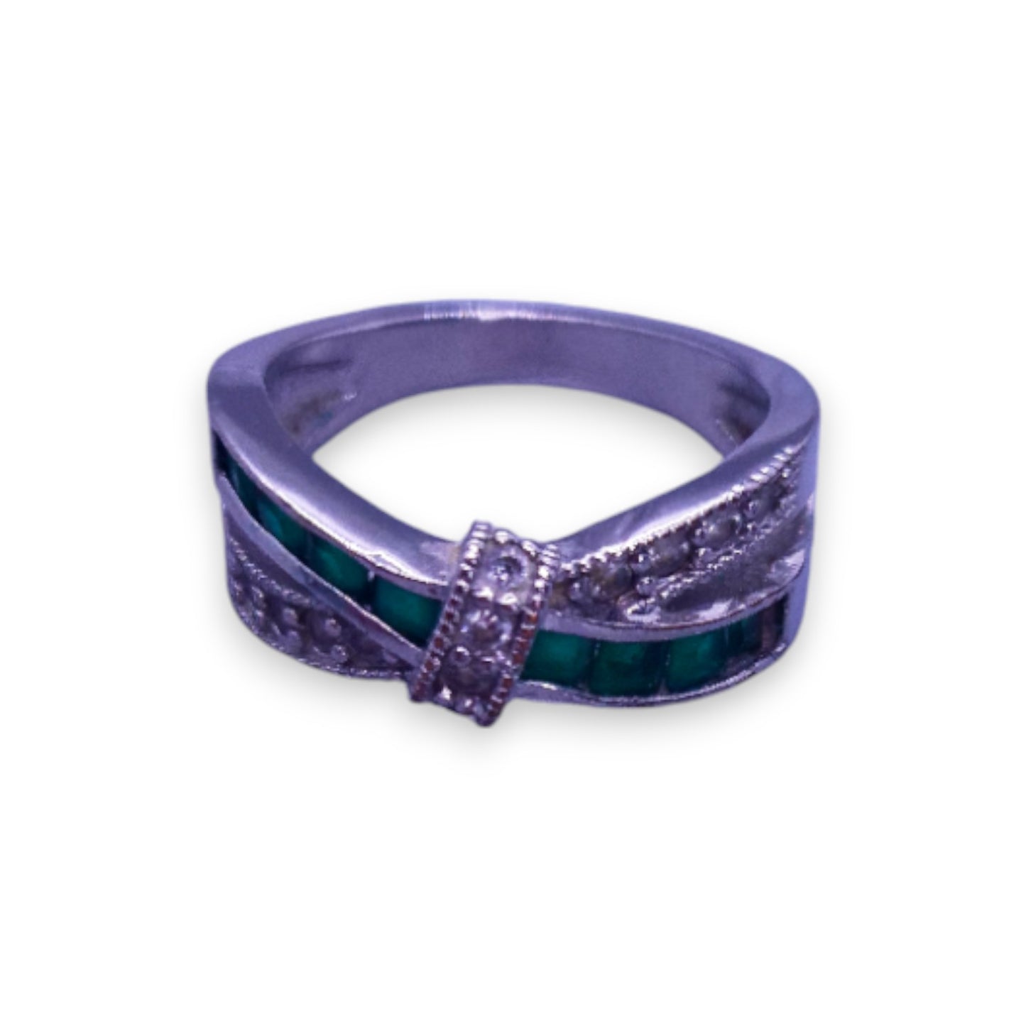 Silver Tone Green & Clear Cubic Zirconia Modern Ring