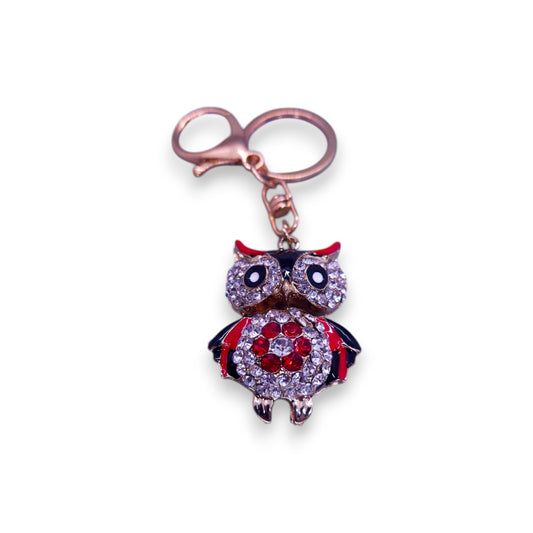 Rose Gold Tone Red & Clear Cubic Zirconia Nature Inspired Owl Keyring