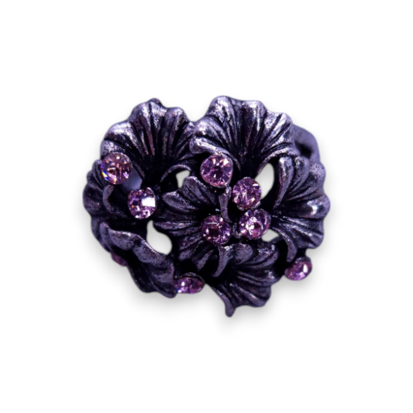 Silver Tone Pink Stones Nature Inspired Floral Ring