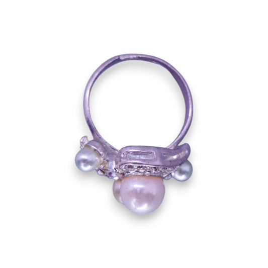 Silver Tone Faux Pearls & Clear Stones Classic Ring