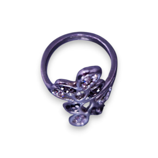 Silver Tone Clear & Black Cubic Zirconia Nature Inspired Ring