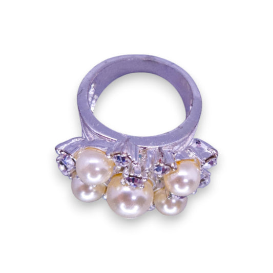 Silver Tone Faux Pearls & Clear Stones Classic Ring