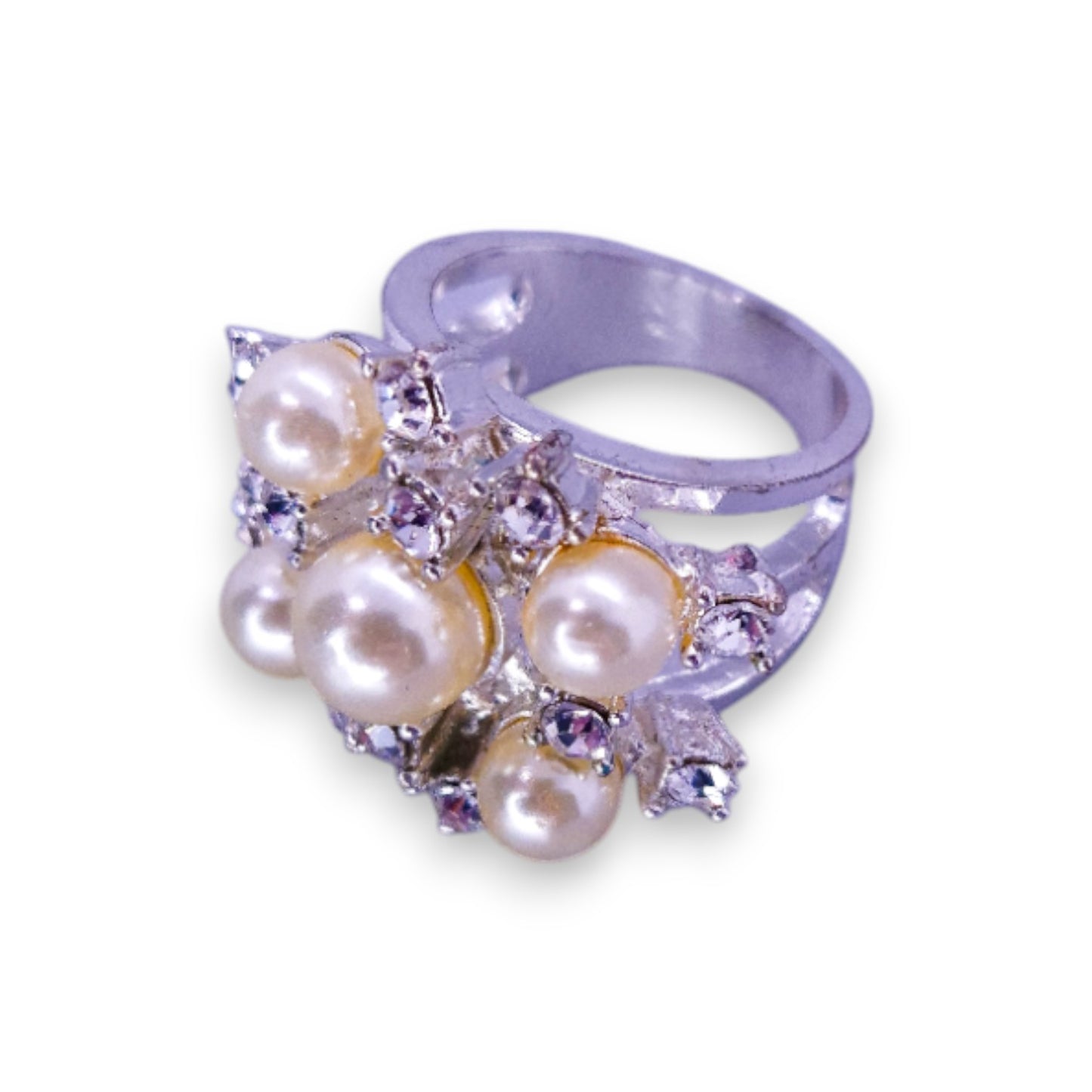 Silver Tone Faux Pearls & Clear Stones Classic Ring