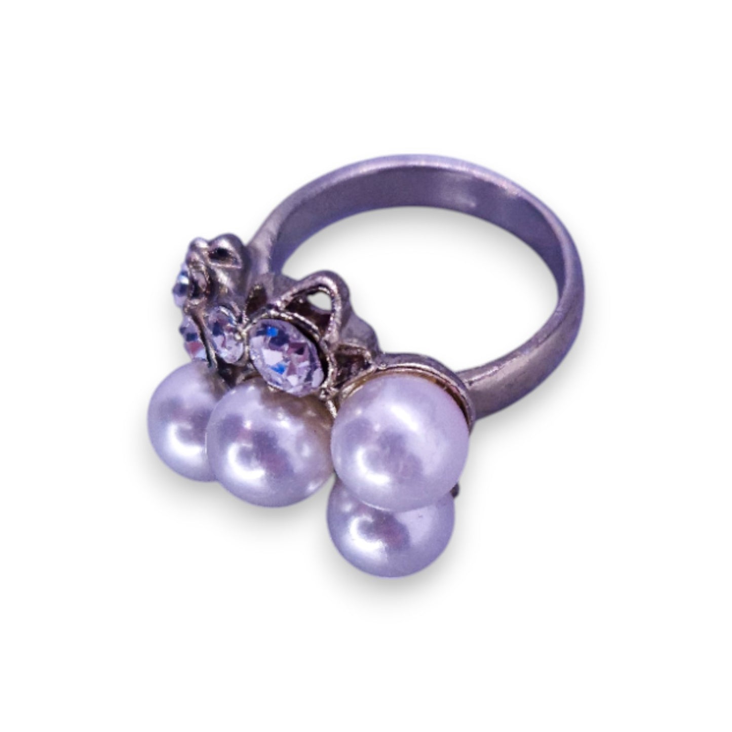 Silver Tone Faux Pearls & Clear Stones Classic Ring