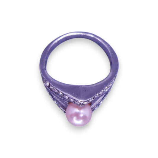 Silver Tone Faux Pearl & Clear Cubic Zirconia Art Deco Ring