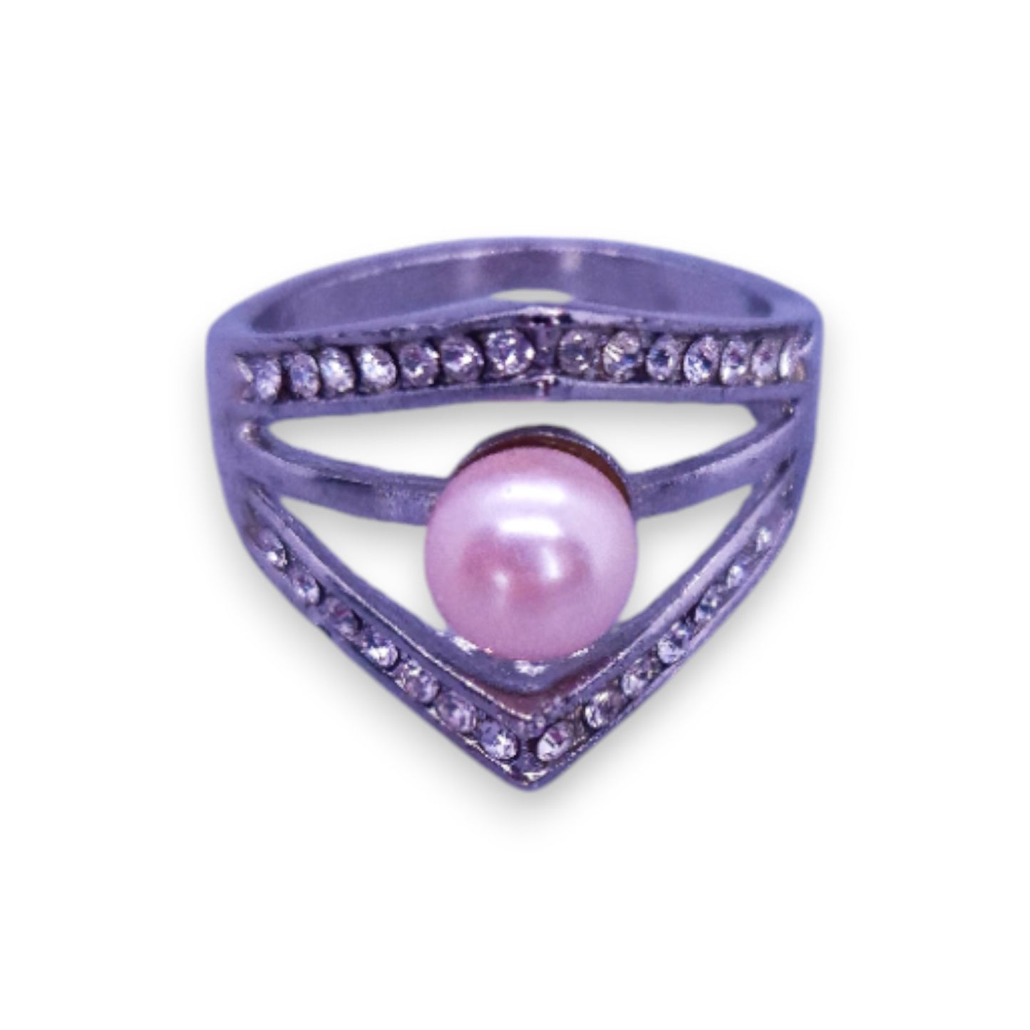 Silver Tone Faux Pearl & Clear Cubic Zirconia Art Deco Ring