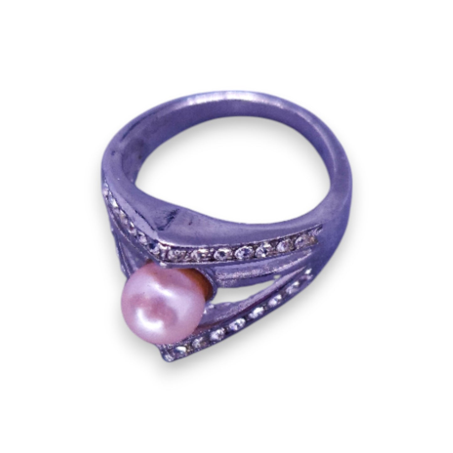 Silver Tone Faux Pearl & Clear Cubic Zirconia Art Deco Ring