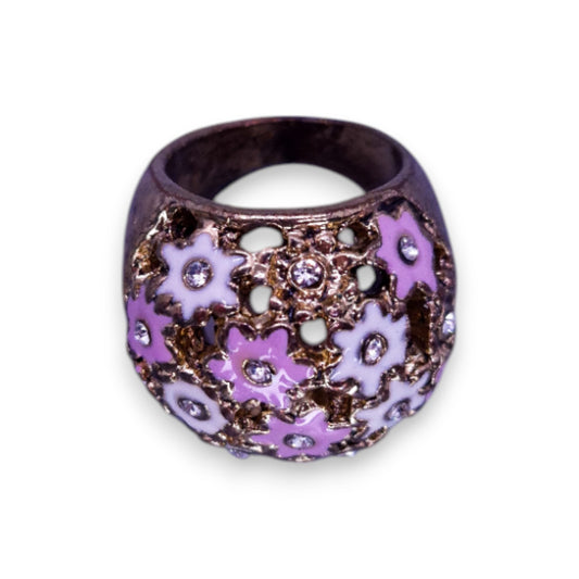 Gold Tone Cubic Zirconia Enamelled Nature Inspired Flowers Ring