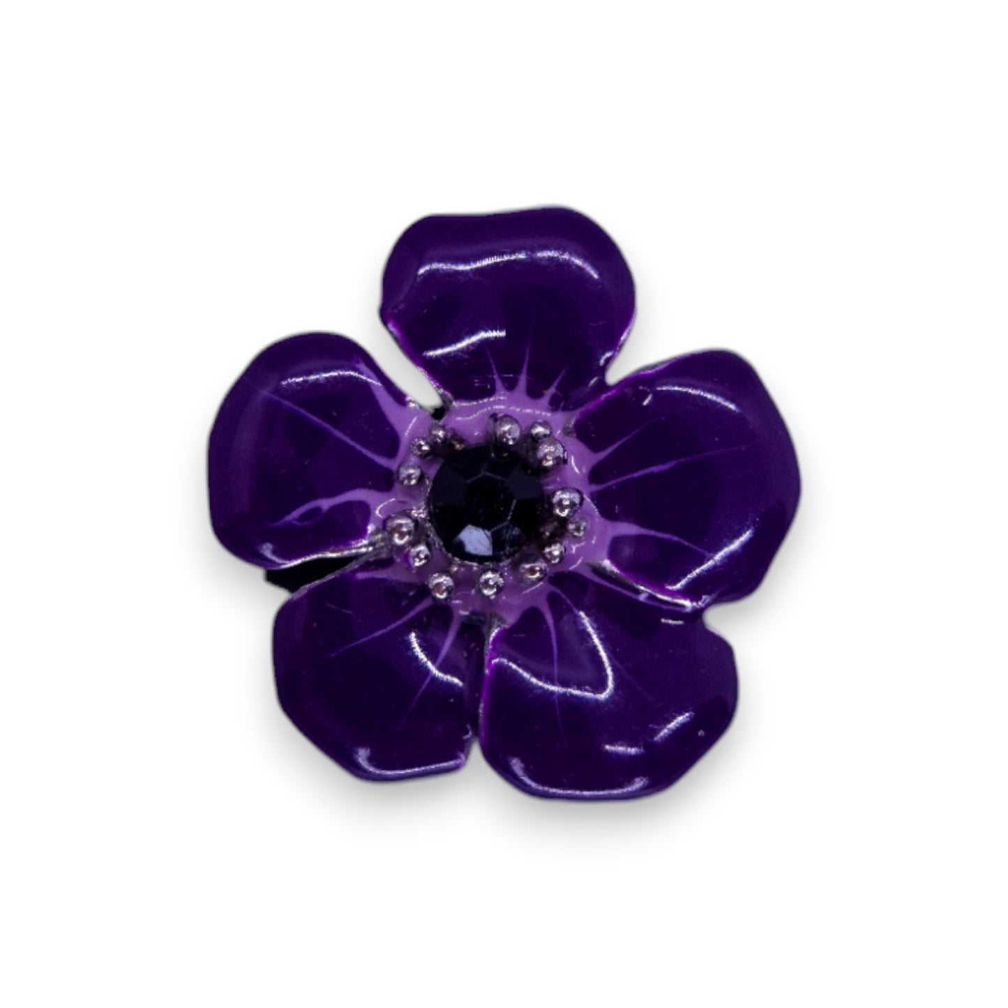 Silver Tone Black Stone Enamelled Nature Inspired Flower Ring