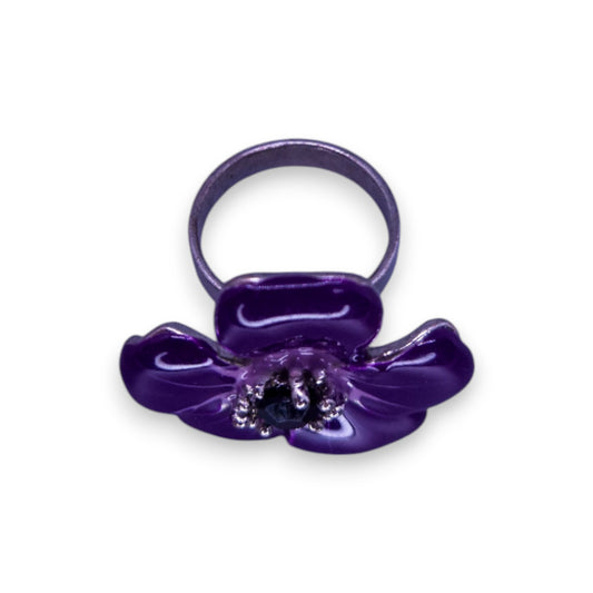 Silver Tone Black Stone Enamelled Nature Inspired Flower Ring