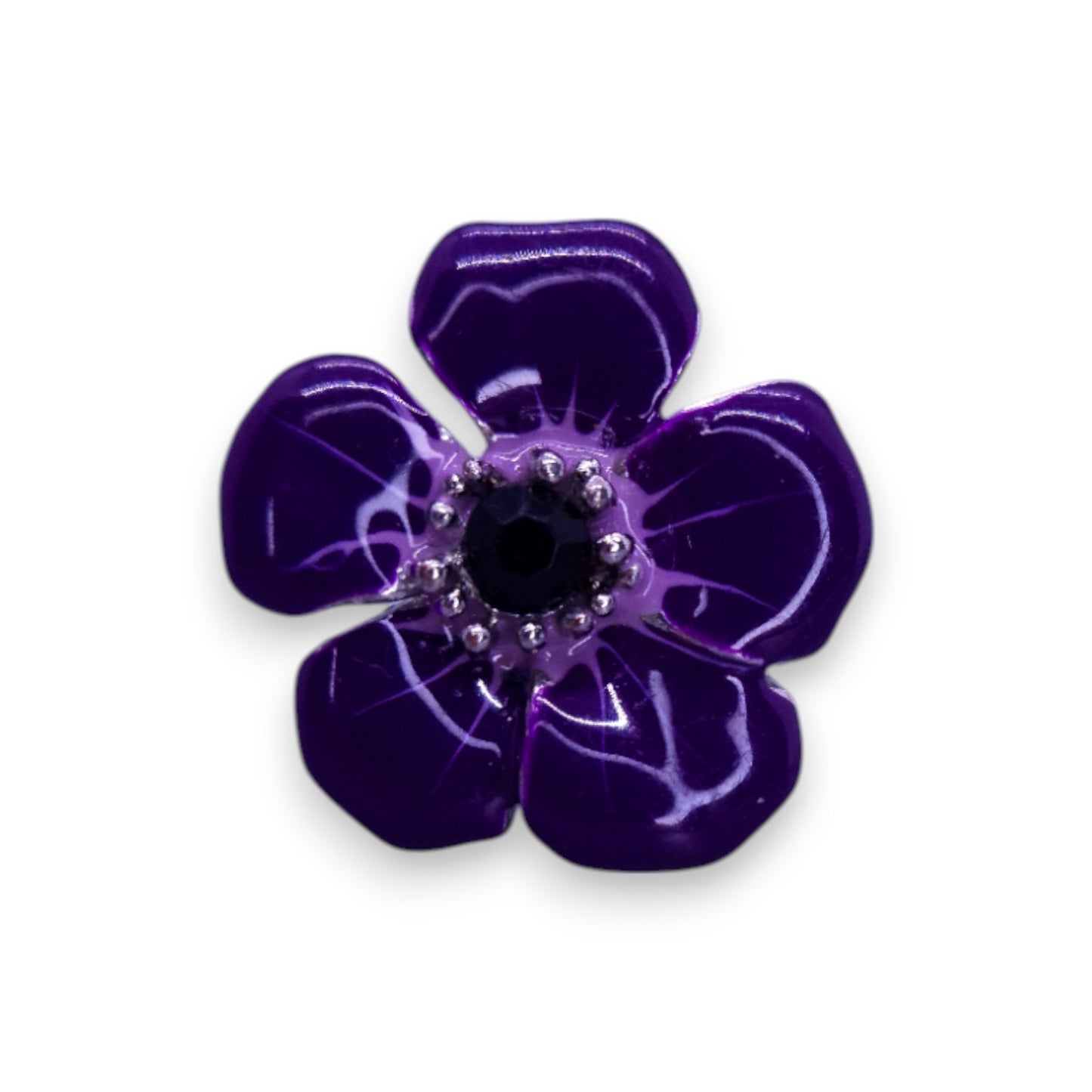Silver Tone Black Stone Enamelled Nature Inspired Flower Ring