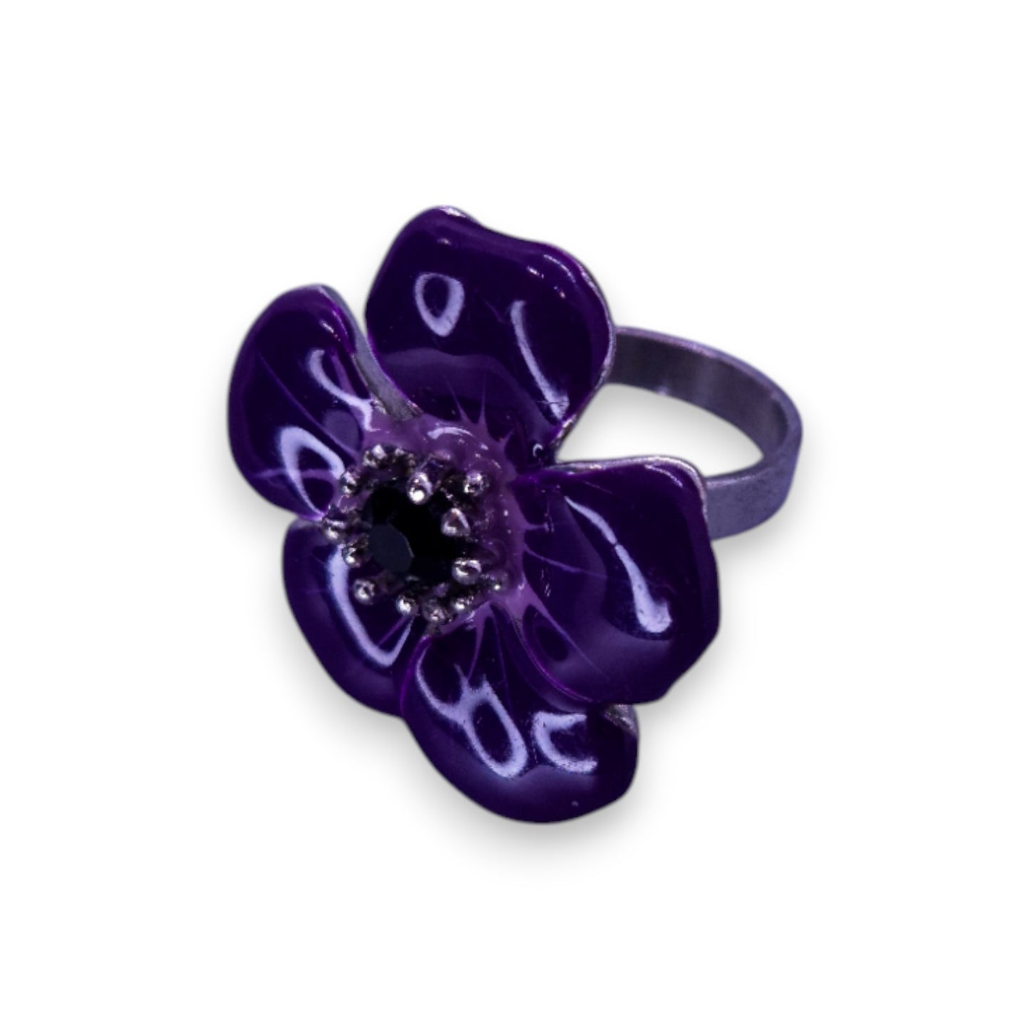 Silver Tone Black Stone Enamelled Nature Inspired Flower Ring