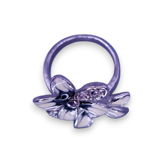 Silver Tone Clear Cubic Zirconia Enamelled Nature Inspired Flowers Ring
