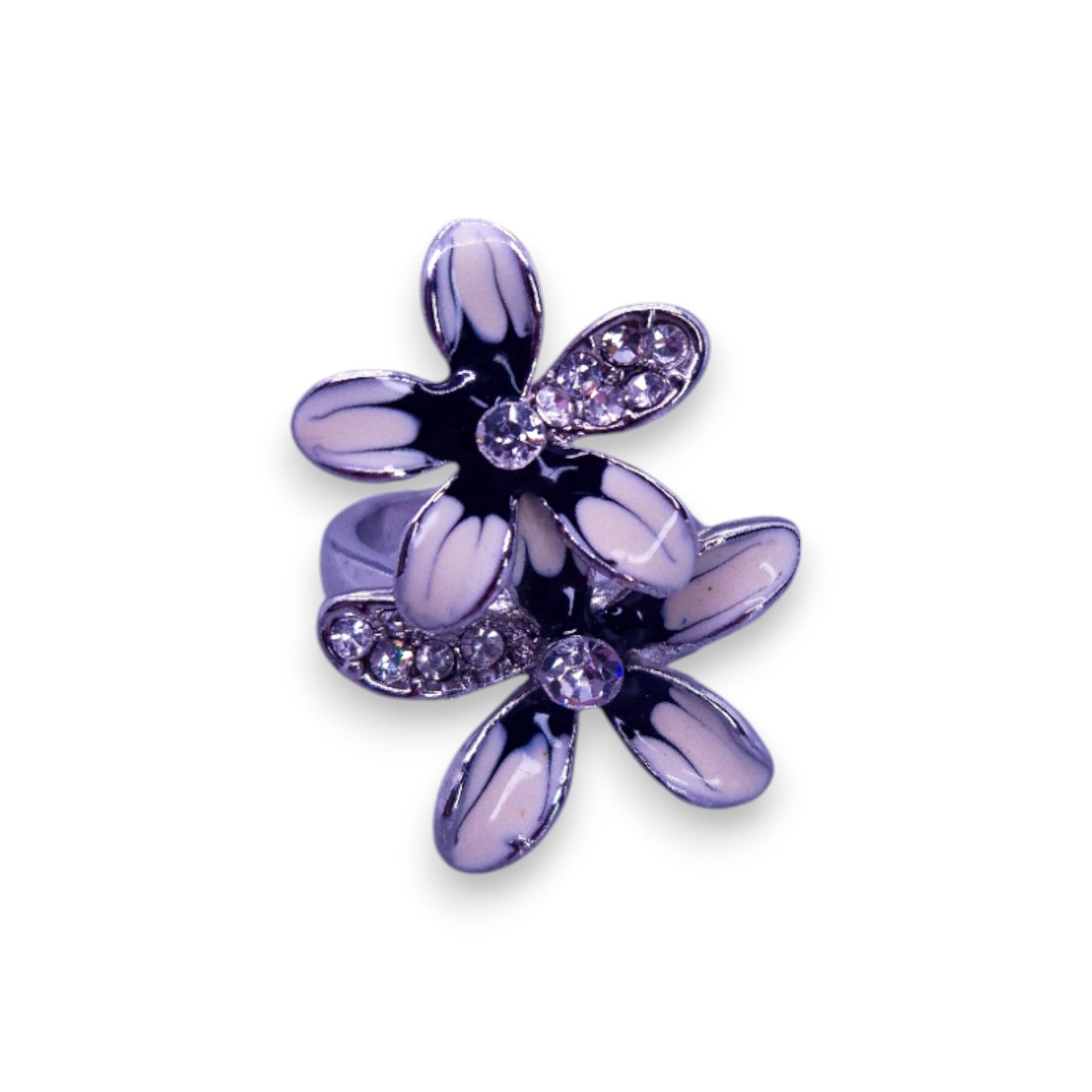 Silver Tone Clear Cubic Zirconia Enamelled Nature Inspired Flowers Ring