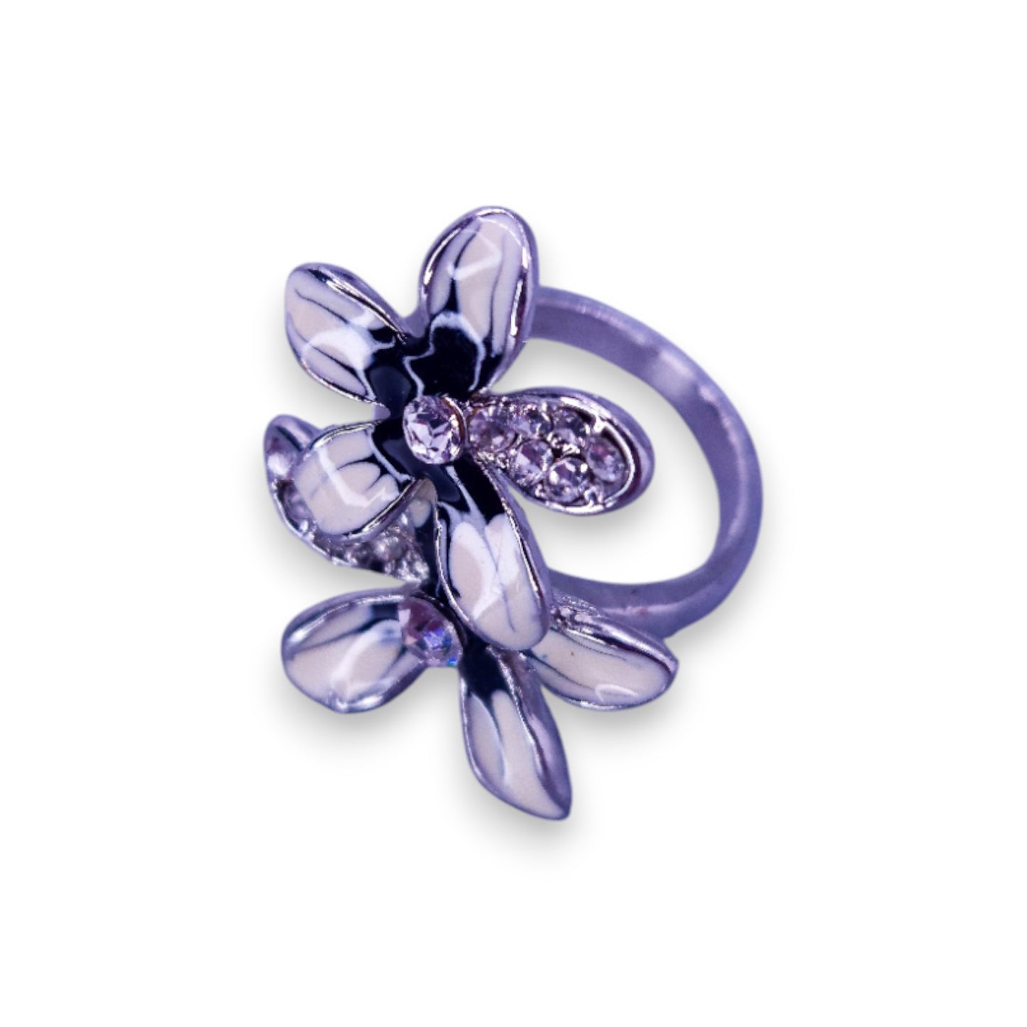 Silver Tone Clear Cubic Zirconia Enamelled Nature Inspired Flowers Ring