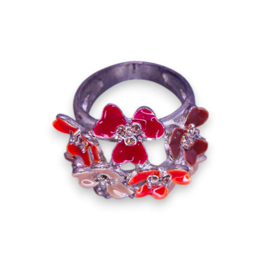 Silver Tone Clear Cubic Zirconia, Enamelled Nature Inspired Flowers Ring