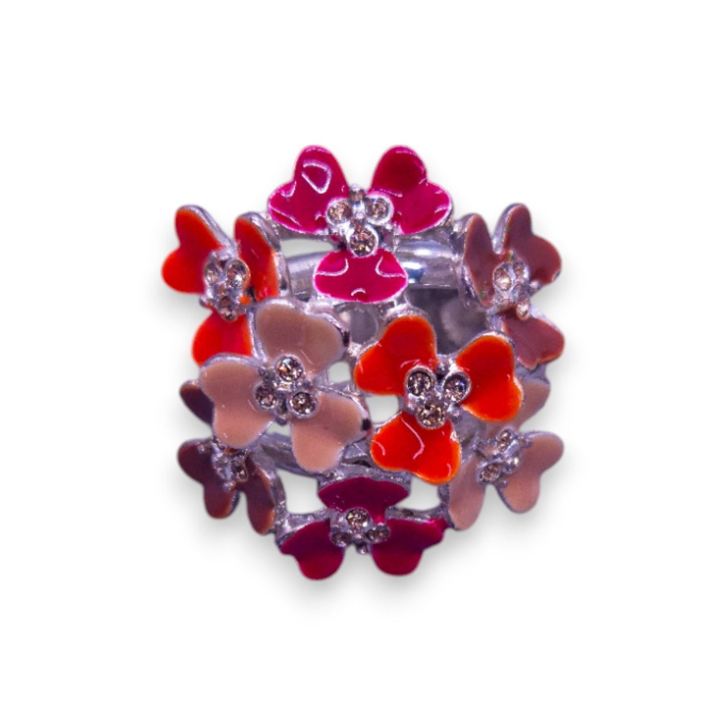 Silver Tone Clear Cubic Zirconia, Enamelled Nature Inspired Flowers Ring