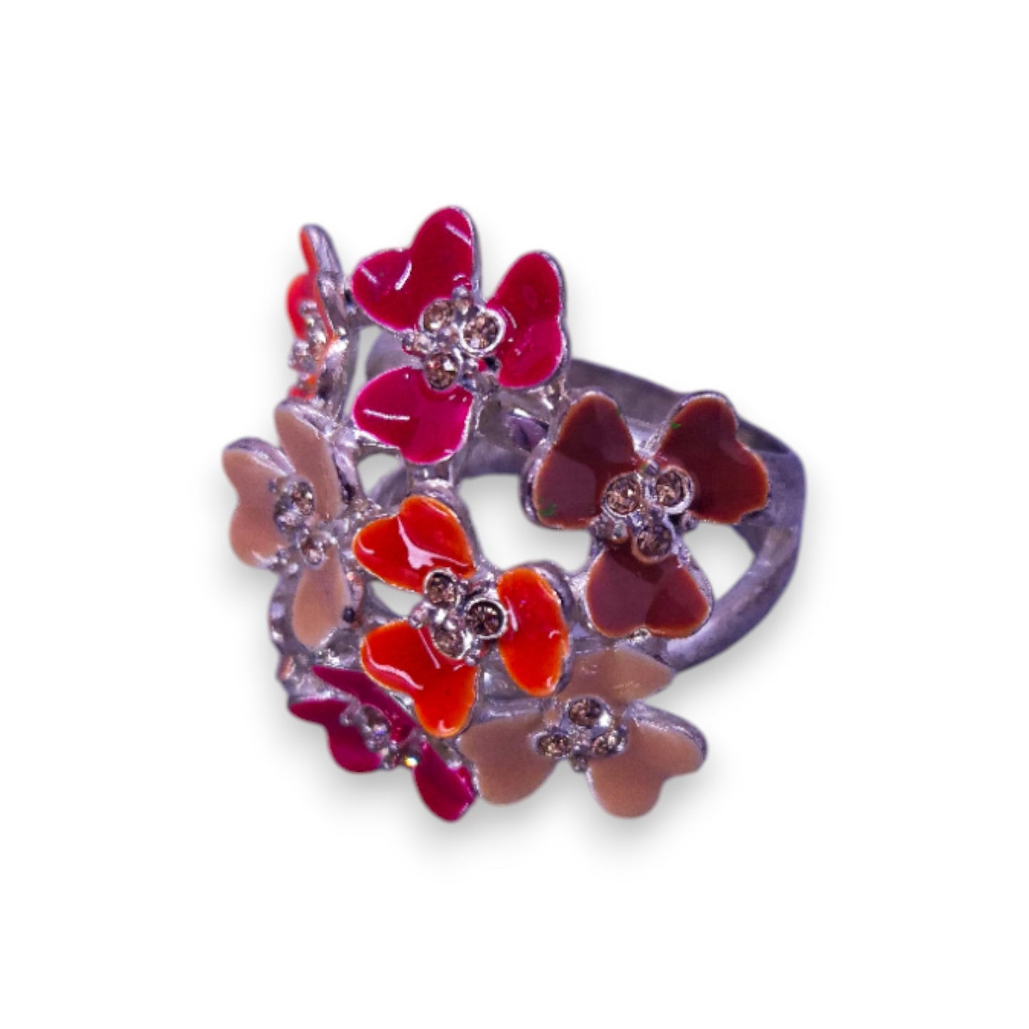 Silver Tone Clear Cubic Zirconia, Enamelled Nature Inspired Flowers Ring
