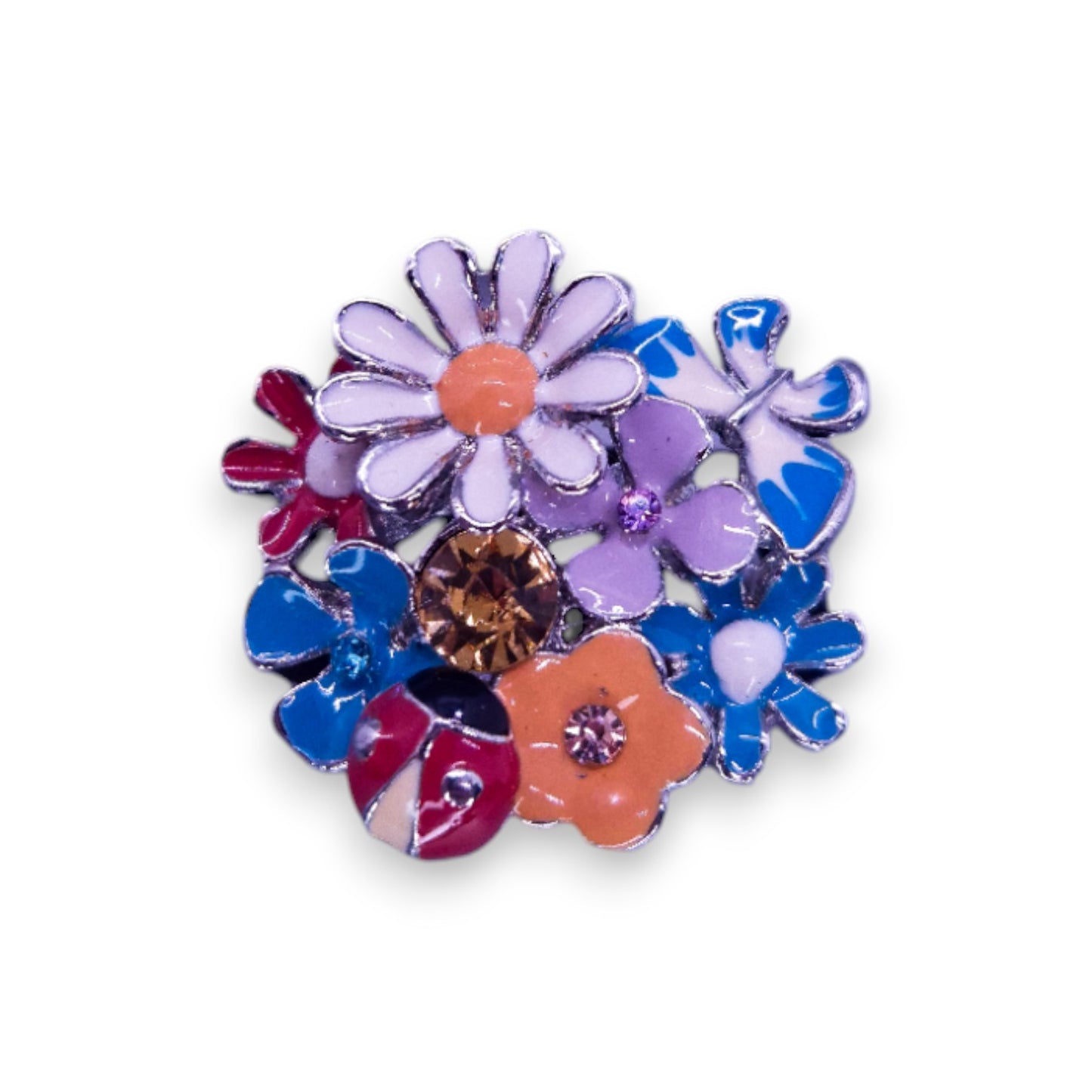 Silver Tone Orange Stone Enamelled Nature Inspired Flowers Ring