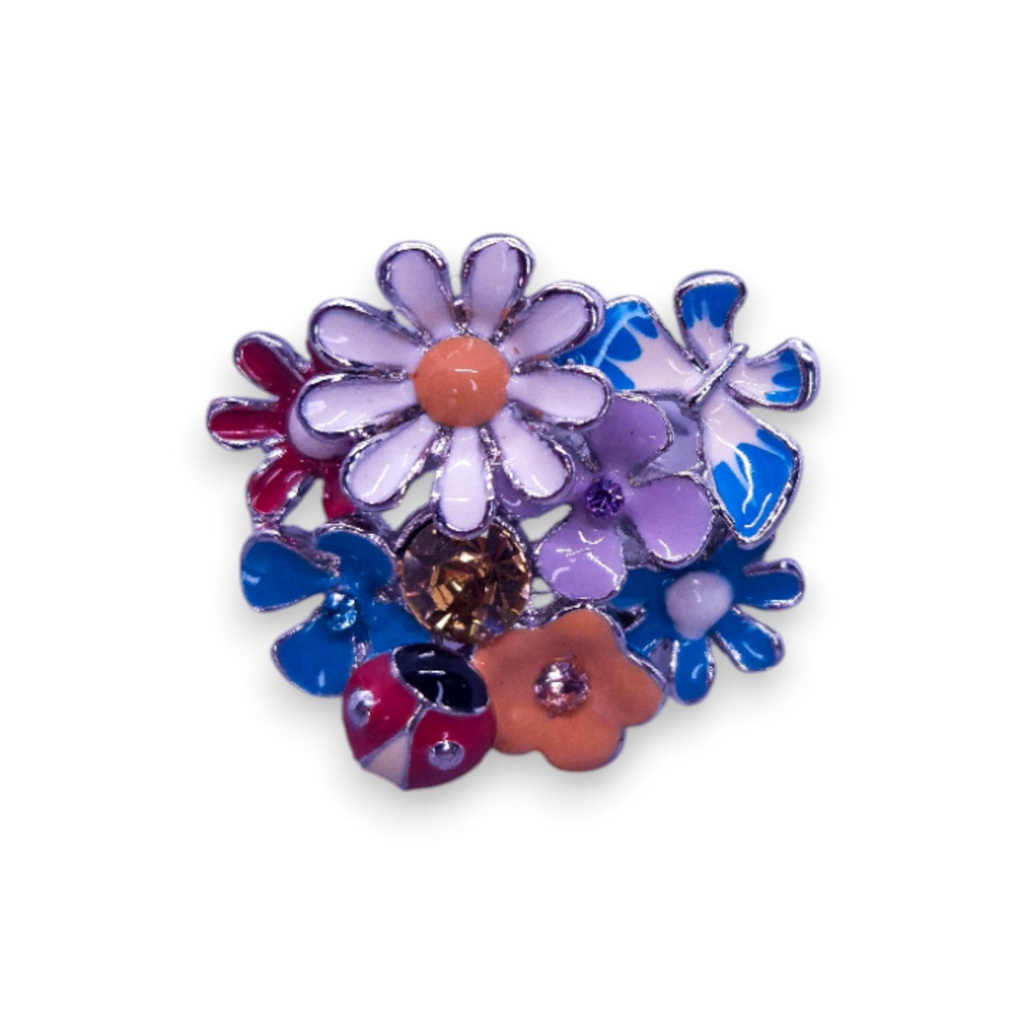 Silver Tone Orange Stone Enamelled Nature Inspired Flowers Ring