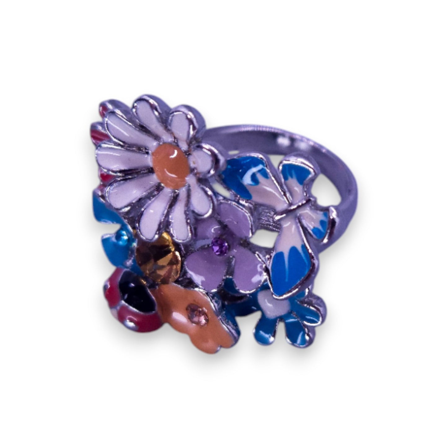 Silver Tone Orange Stone Enamelled Nature Inspired Flowers Ring