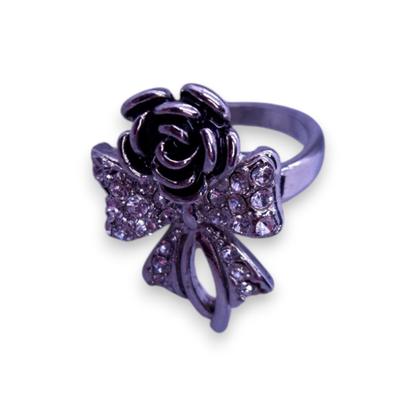 Silver Tone Clear Cubic Zirconia Nature Inspired Rose Ring