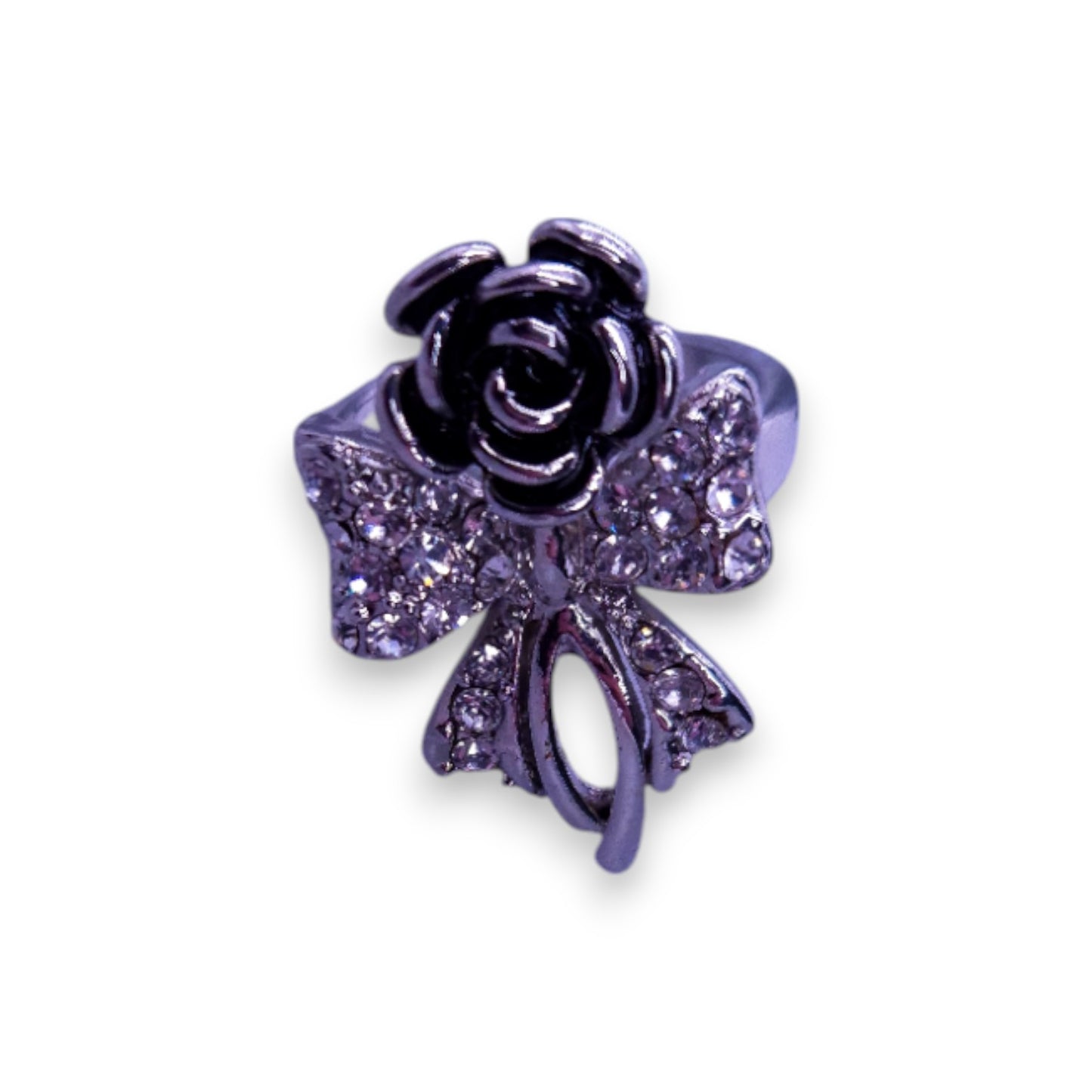 Silver Tone Clear Cubic Zirconia Nature Inspired Rose Ring