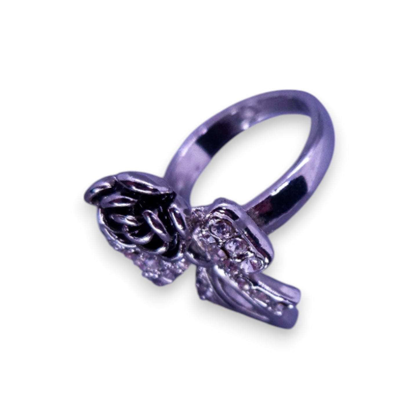 Silver Tone Clear Cubic Zirconia Nature Inspired Rose Ring