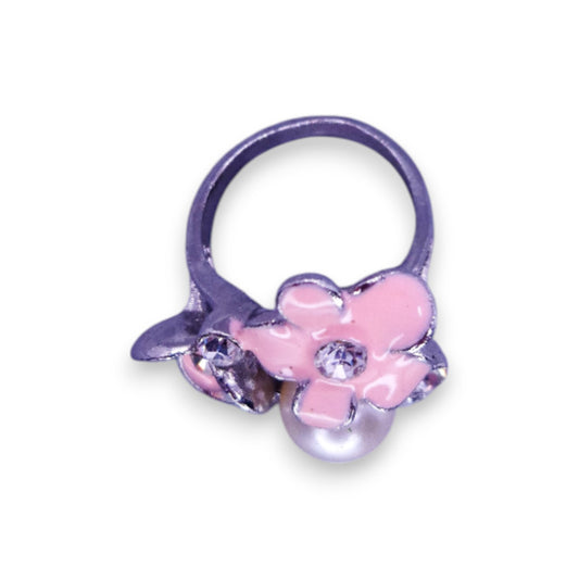 Silver Tone Clear Cubic Zirconia Faux Pearl Enamelled Nature Inspired Flowers Ring