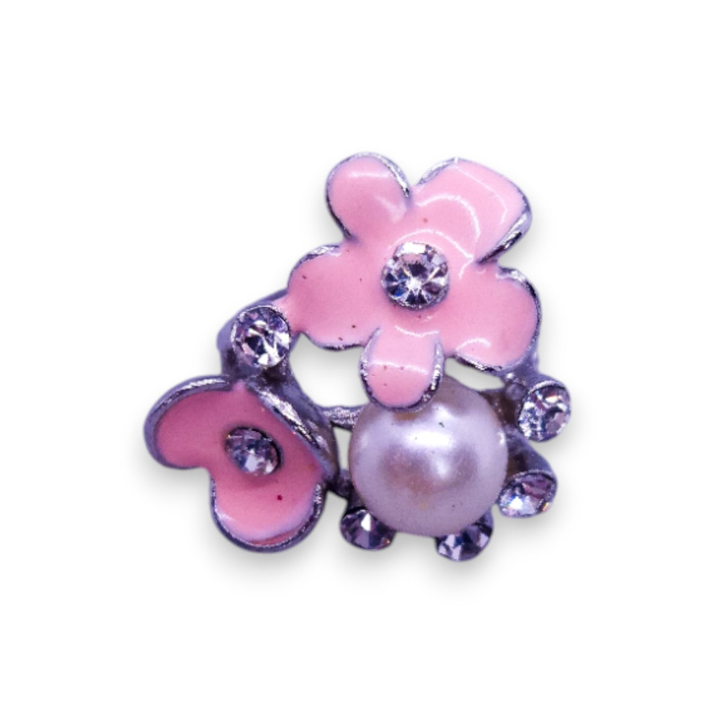 Silver Tone Clear Cubic Zirconia Faux Pearl Enamelled Nature Inspired Flowers Ring
