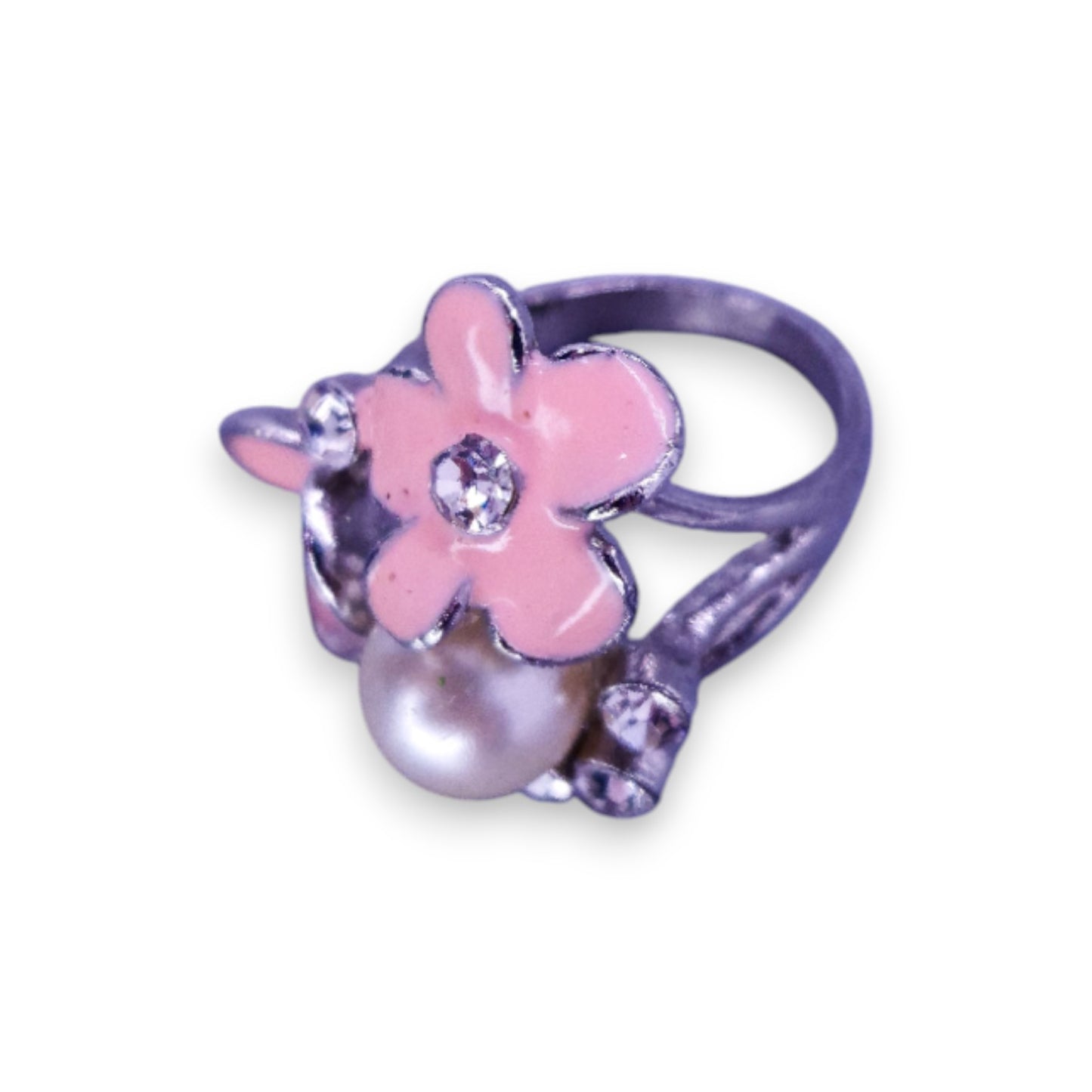 Silver Tone Clear Cubic Zirconia Faux Pearl Enamelled Nature Inspired Flowers Ring
