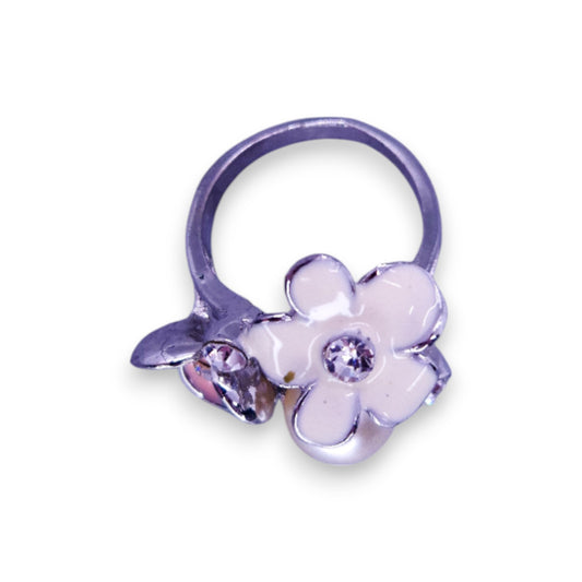 Silver Tone Clear Cubic Zirconia Faux Pearl Enamelled Nature Inspired Flowers Ring