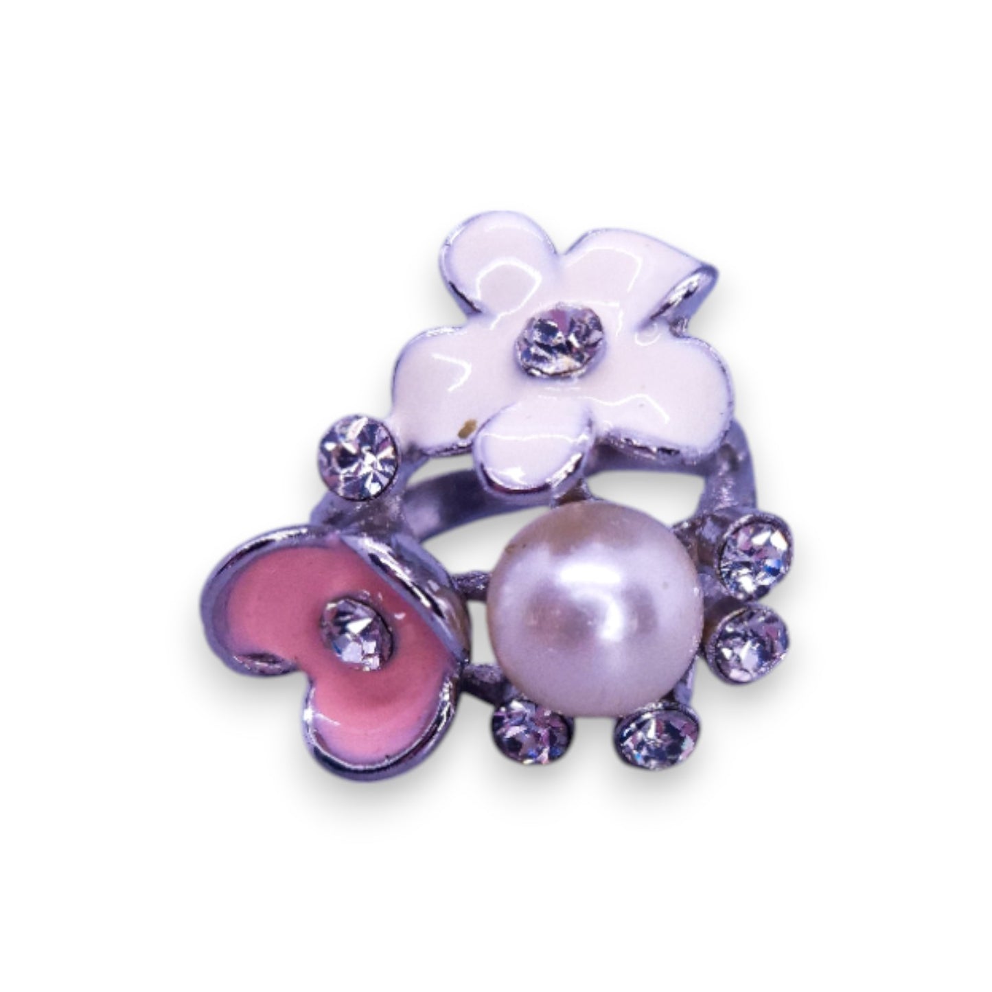 Silver Tone Clear Cubic Zirconia Faux Pearl Enamelled Nature Inspired Flowers Ring