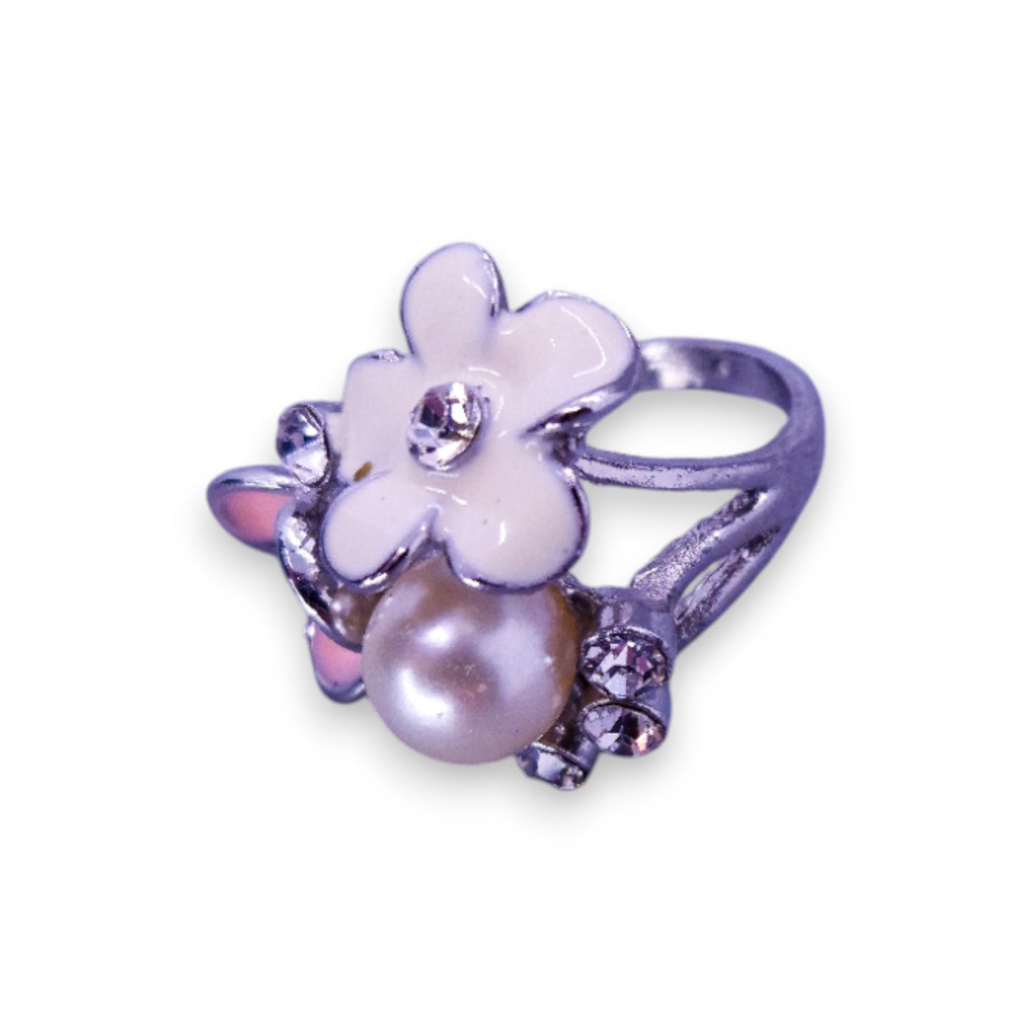 Silver Tone Clear Cubic Zirconia Faux Pearl Enamelled Nature Inspired Flowers Ring