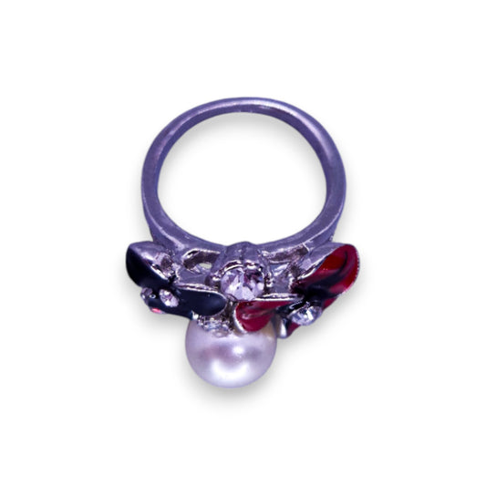 Silver Tone Clear Cubic Zirconia Faux Pearl Enamelled Nature Inspired Flowers Ring