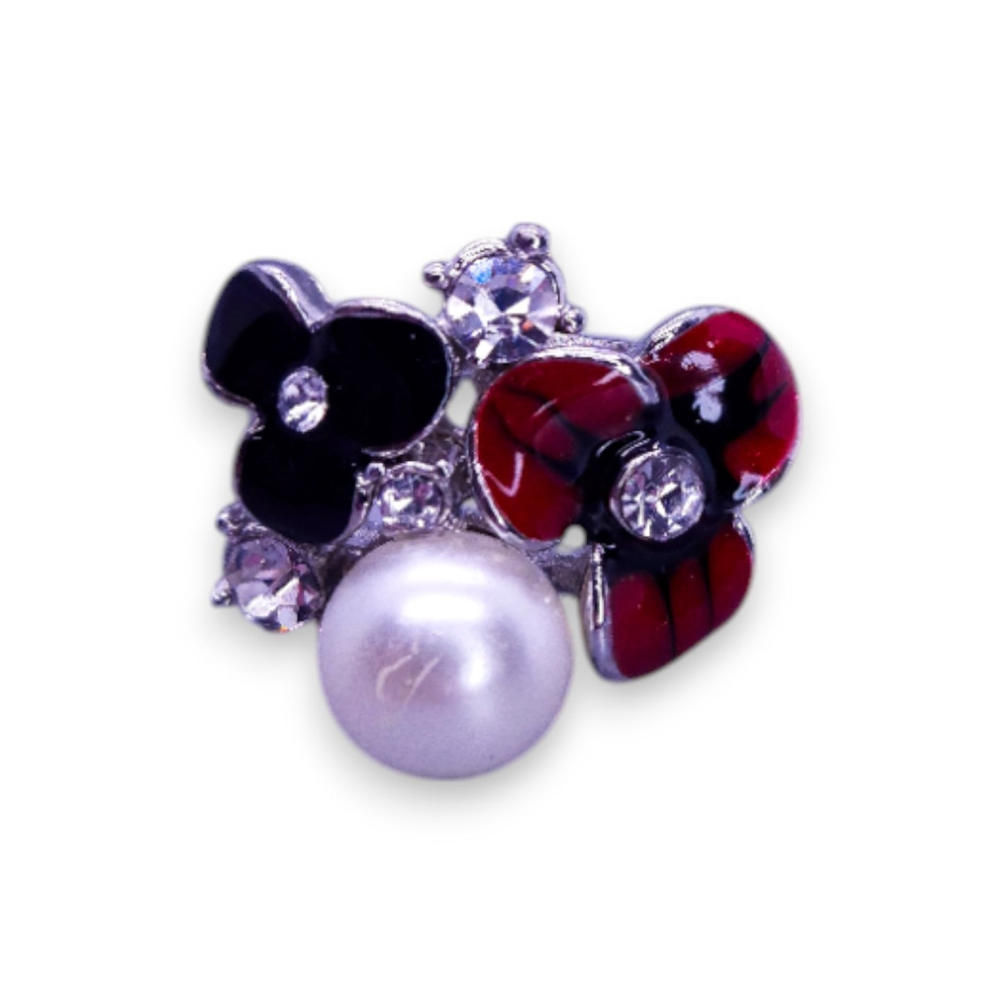 Silver Tone Clear Cubic Zirconia Faux Pearl Enamelled Nature Inspired Flowers Ring
