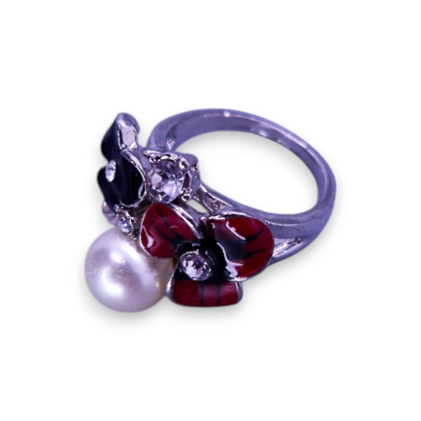 Silver Tone Clear Cubic Zirconia Faux Pearl Enamelled Nature Inspired Flowers Ring