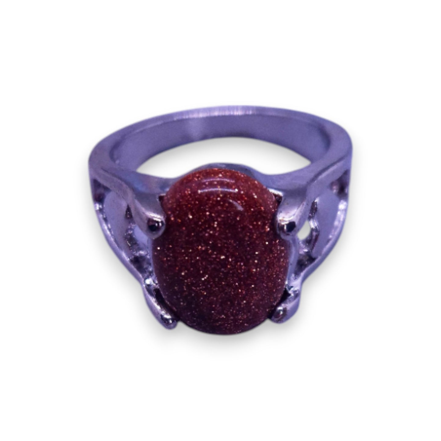 Silver Tone Brown Goldstone Classic Ring