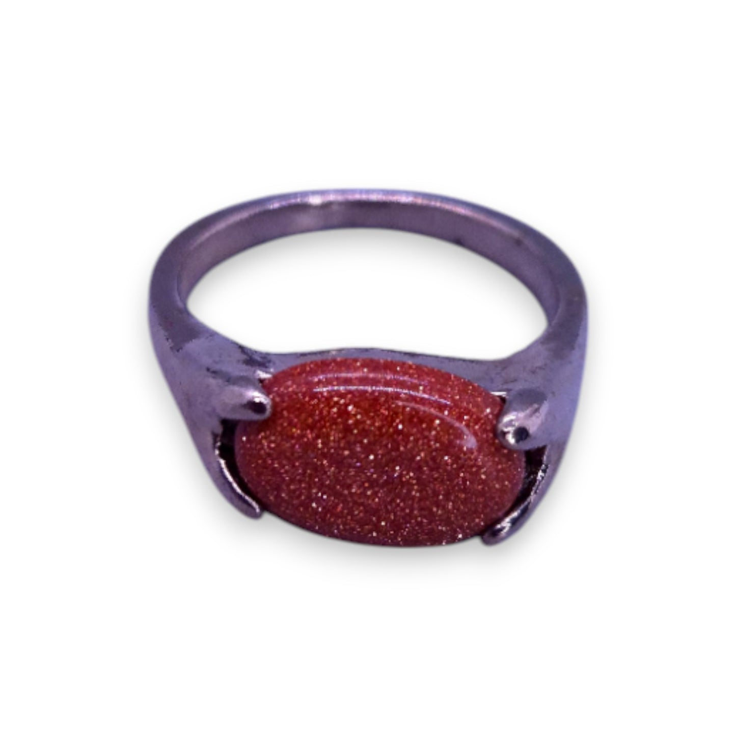 Silver Tone Brown Goldstone Classic Ring