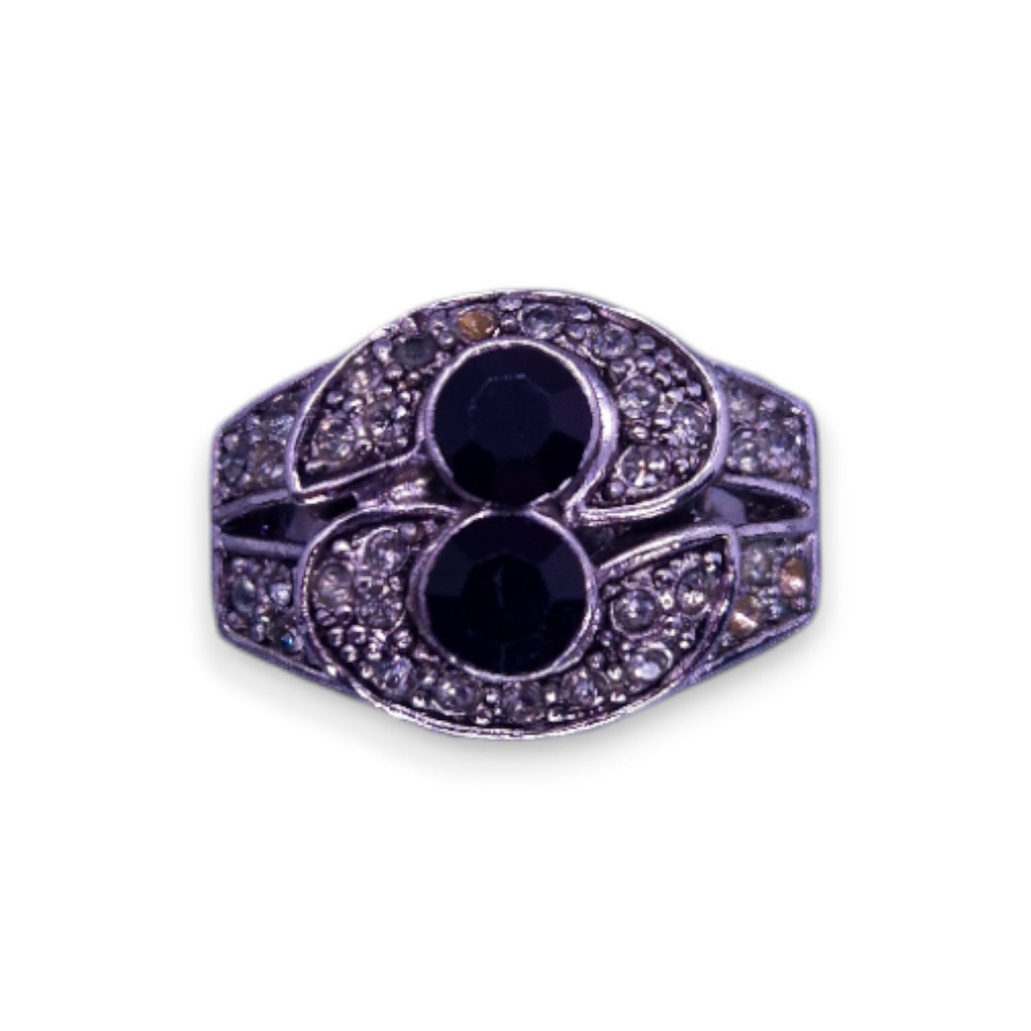 Silver Tone Black & Clear Cubic Zirconia Classic Ring