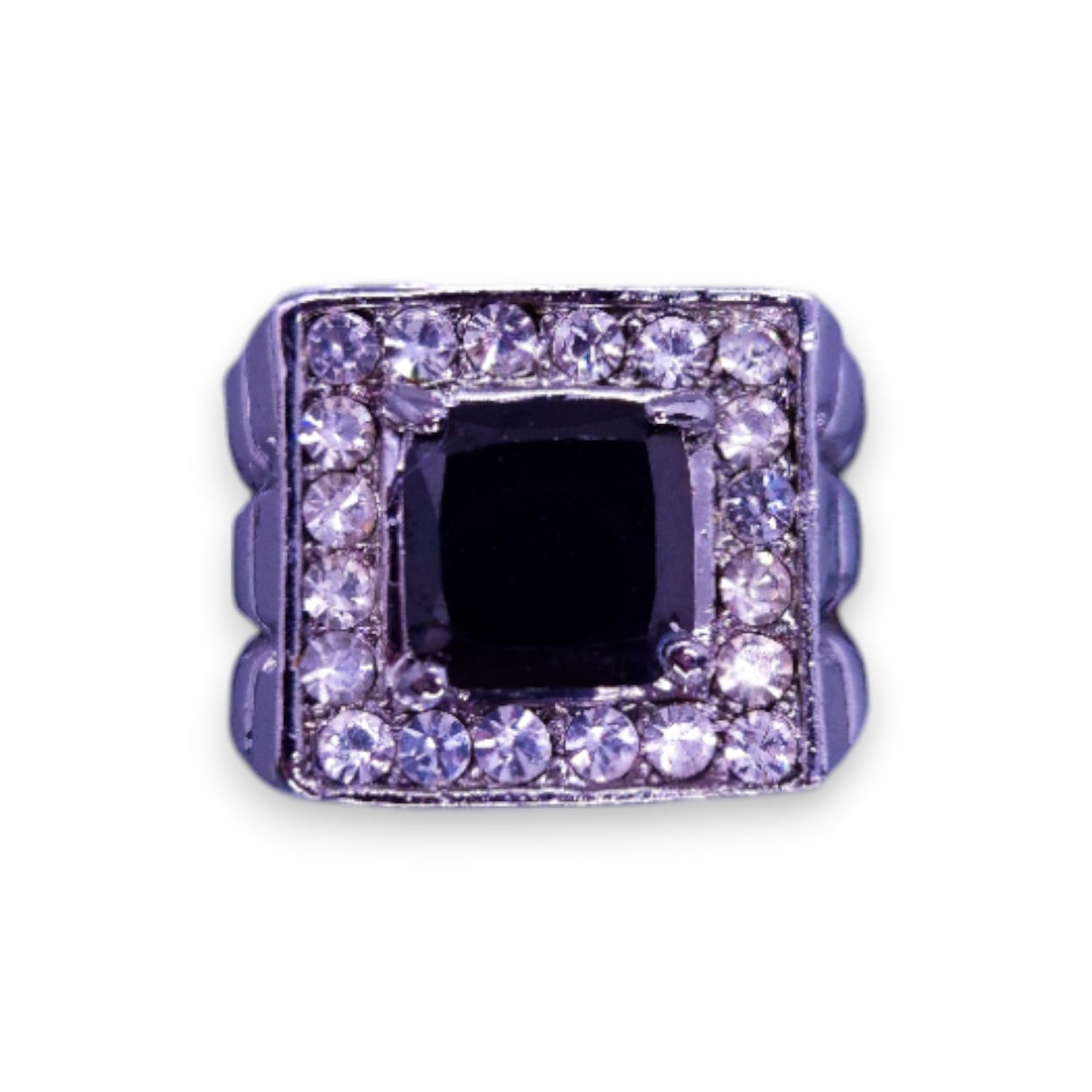 Silver Tone Black & Clear Cubic Zirconia Modern Ring